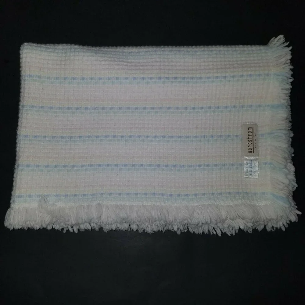 VTG Nordstrom Stripe Knit Baby Blanket Acrylic Pastel Pink Blue Yellow Italy
